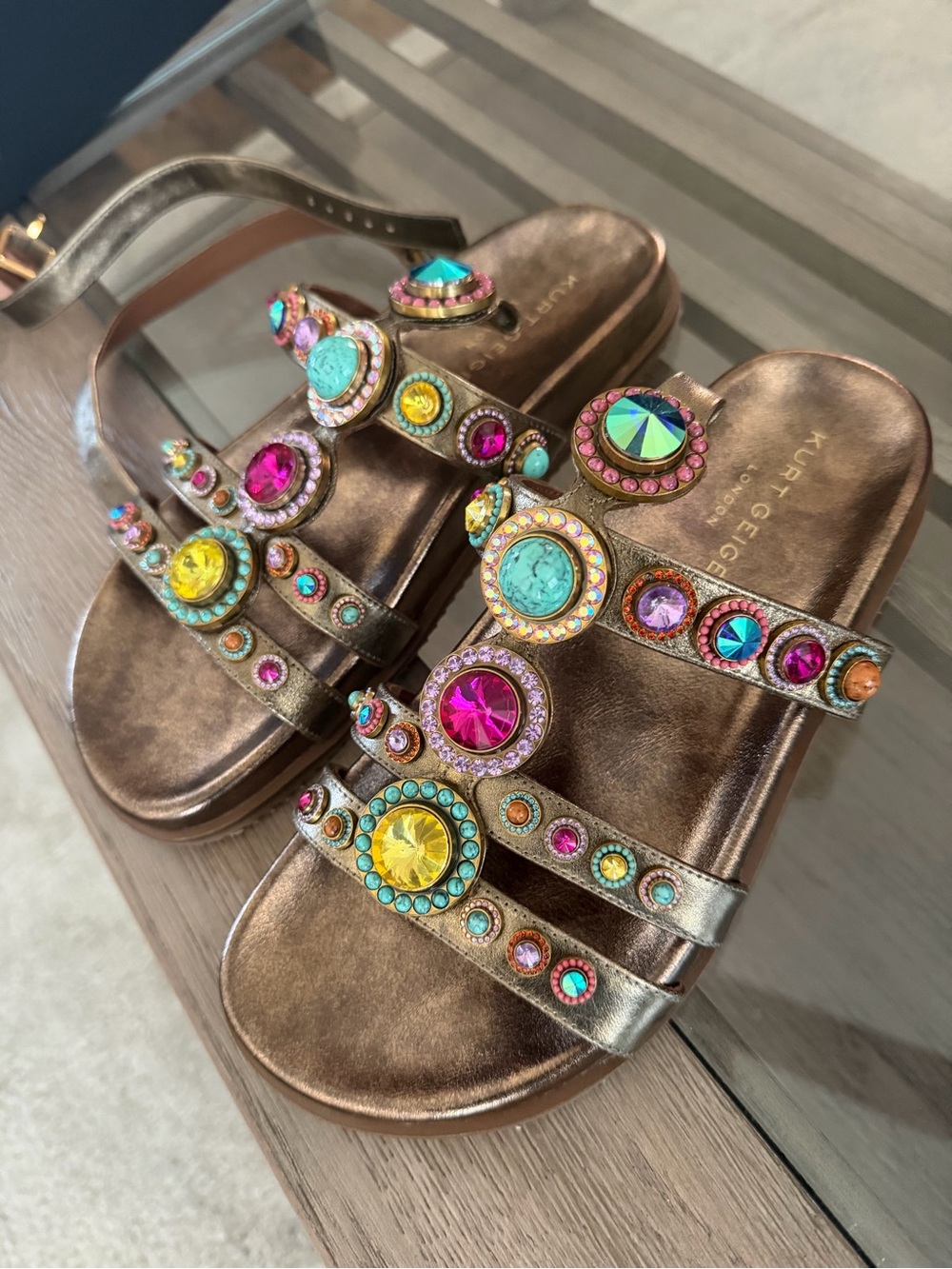 Kurt Geiger Bronze Metallic Jeweled Strappy Sandals - Picture 4 of 6